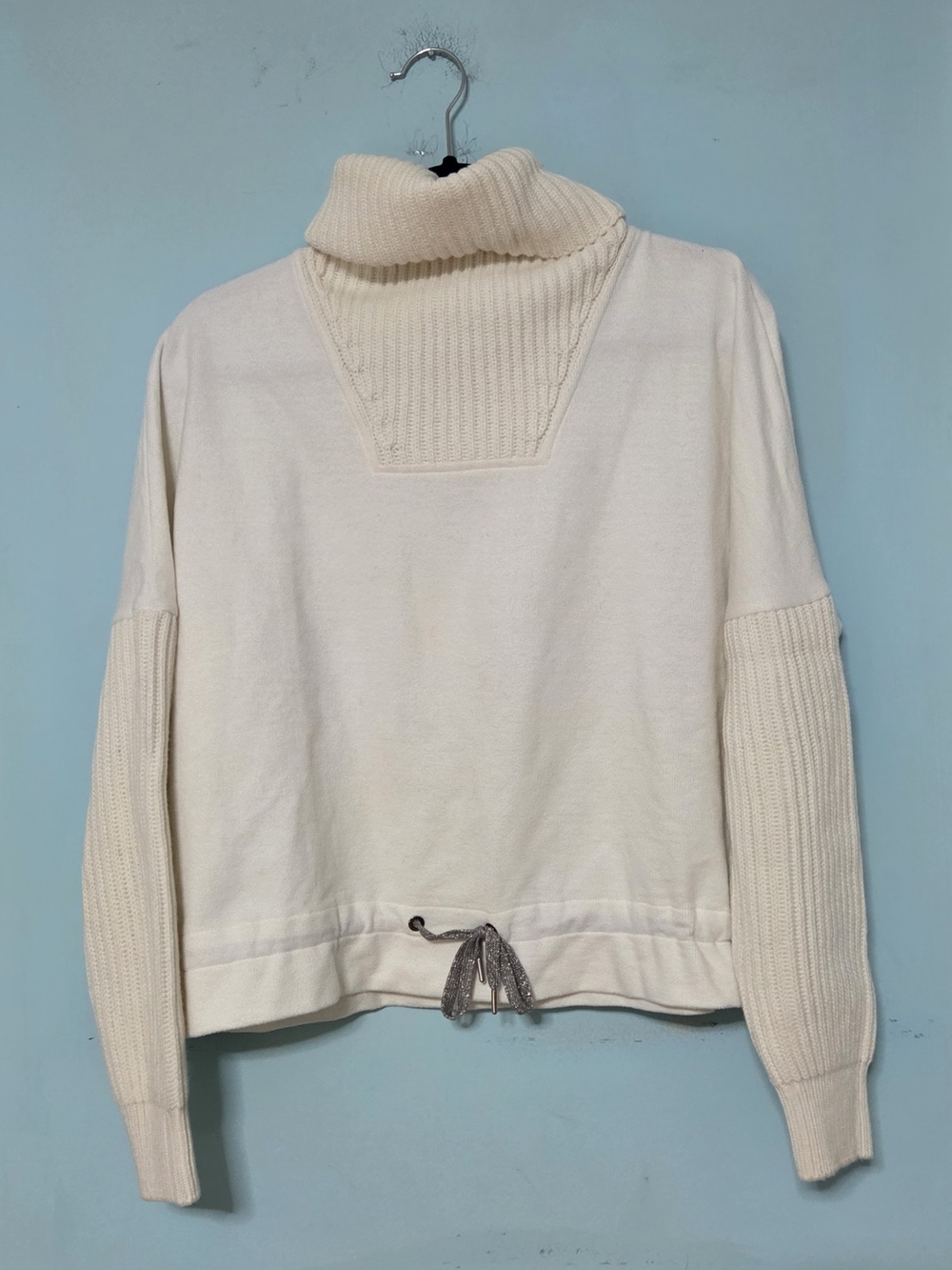 Eleventy Cream High-Neck Sweater with Drawstring Hem